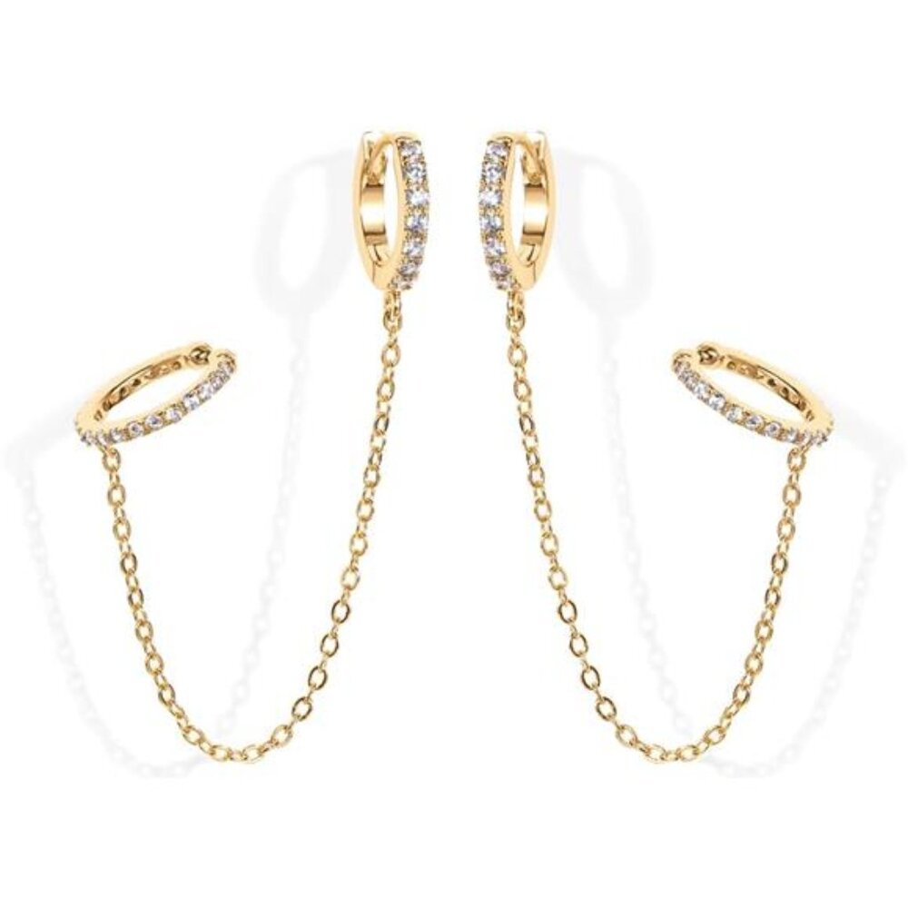 14K Gold Chain Earrings for Women | Double Piercing Dangle Chain Huggie